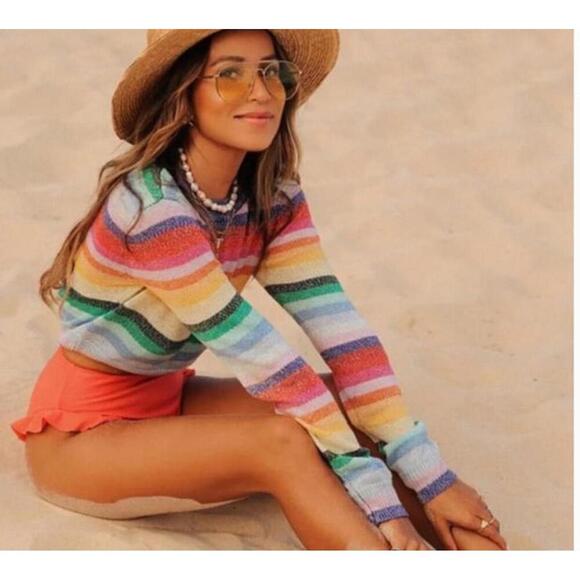 NWT Lovers & Friends Believe Cropped Sweater in Rainbow Sparkle Women’s Medium - Picture 14 of 15